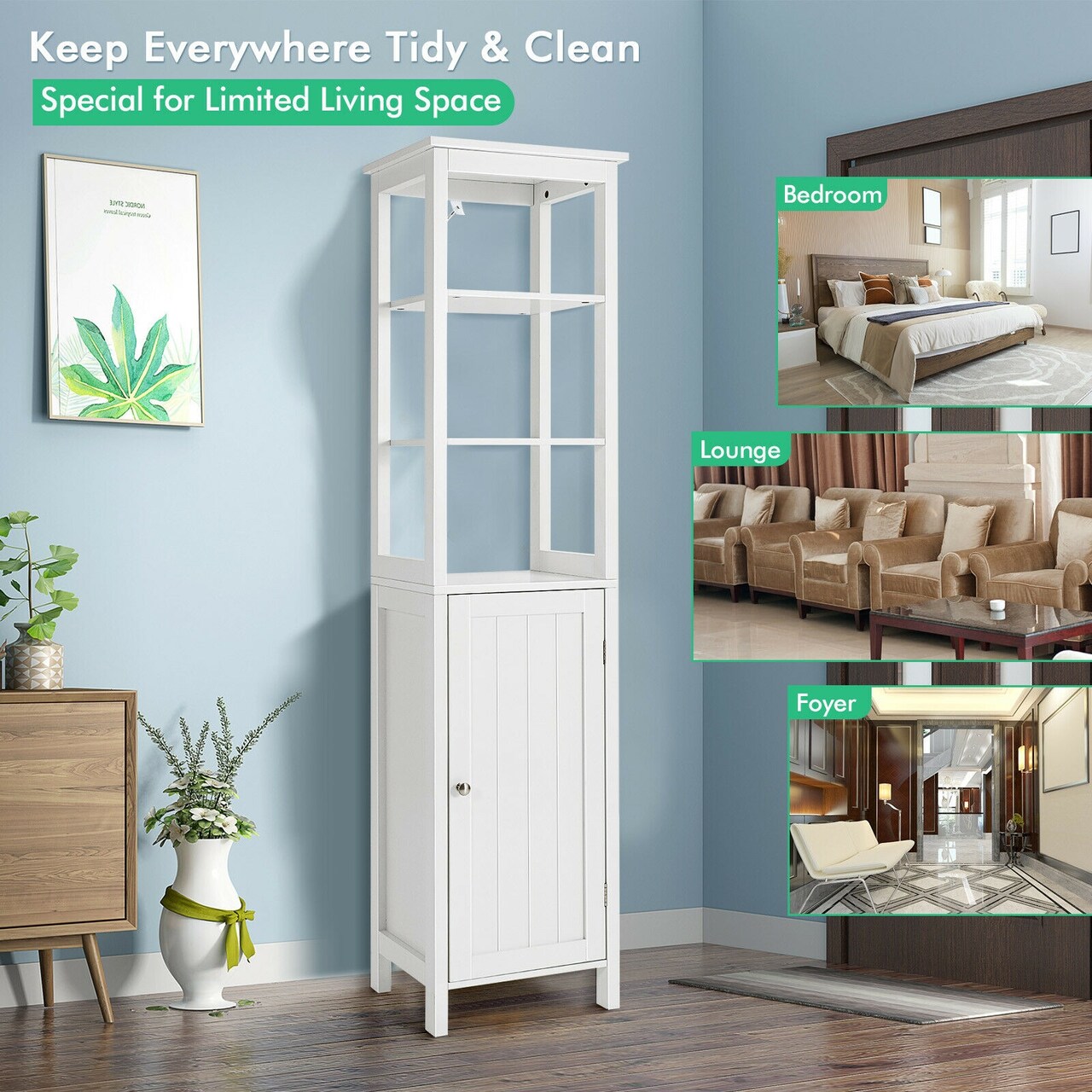 Freestanding Storage Cabinet With 3-Tier Shelf and Door for Bathroom-White